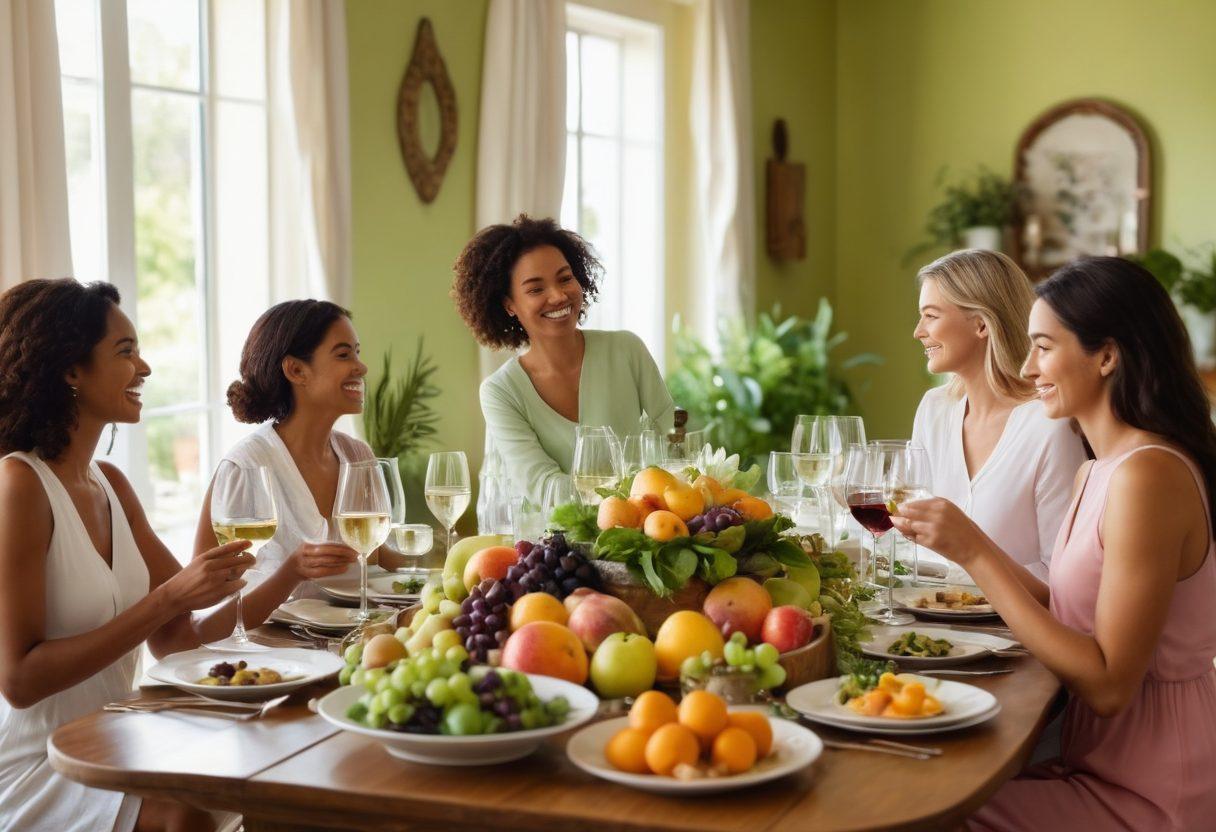 A beautifully arranged dining table featuring a variety of wines, fresh fruits, and gourmet dishes, with a focus on female wellness. Surrounding the table are diverse women joyfully tasting wine and laughing, giving a sense of camaraderie. Gentle, warm lighting adds a cozy atmosphere and accentuates the vibrant colors of the food and wine. In the background, soft greens and florals enhance the theme of health and wellness. vibrant colors. soft focus. warm lighting.