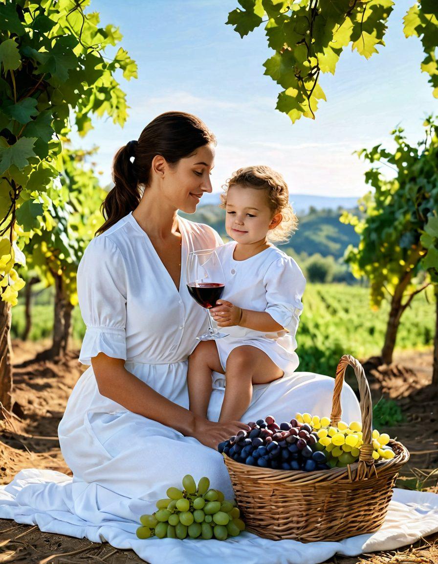 A serene scene in a vineyard, showcasing a mother and child together, with a glass of wine elegantly placed beside a basket of fresh grapes. Surrounding them are rich green vines under a sunlit sky, symbolizing maternal love and well-being. Subtle elements of wine pairing, such as cheese and bread, enhance the atmosphere. The warm colors evoke a sense of comfort and tranquility. super-realistic. vibrant colors.